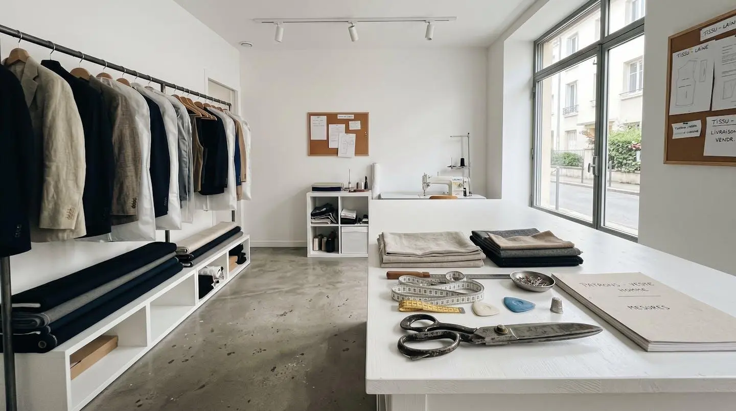 Intérieur d'un atelier de tailleur moderne avec établi de travail, outils professionnels, lumière naturelle abondante et esthétique épurée
