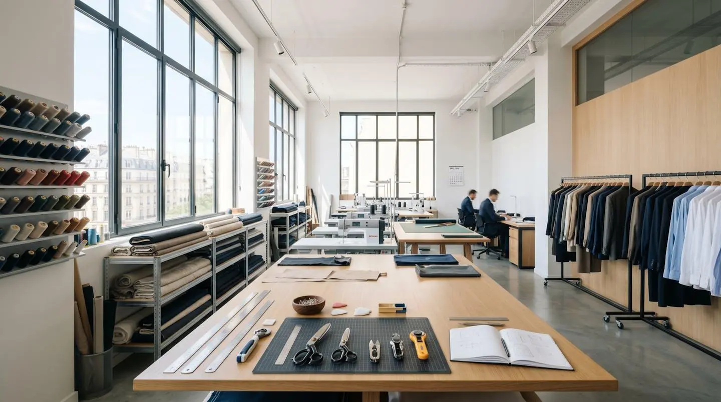 Intérieur d'un atelier de tailleur moderne avec établi de travail, outils professionnels, lumière naturelle abondante et esthétique épurée