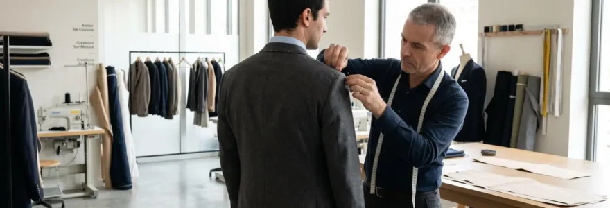 Un homme vu de dos lors d'un essayage de veste, un tailleur ajuste l'épaule avec des épingles dans un atelier lumineux moderne