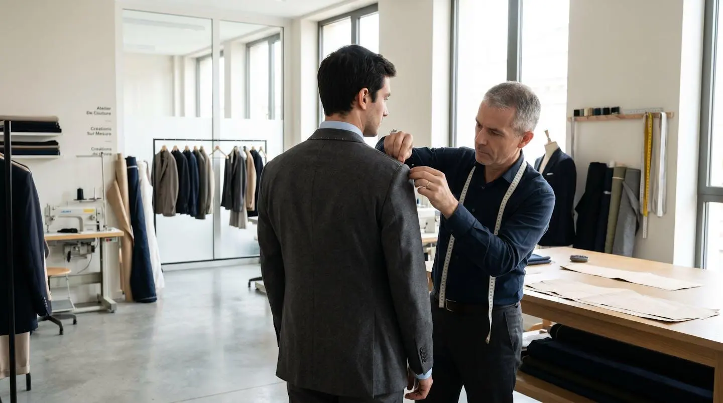 Un homme vu de dos lors d'un essayage de veste, un tailleur ajuste l'épaule avec des épingles dans un atelier lumineux moderne