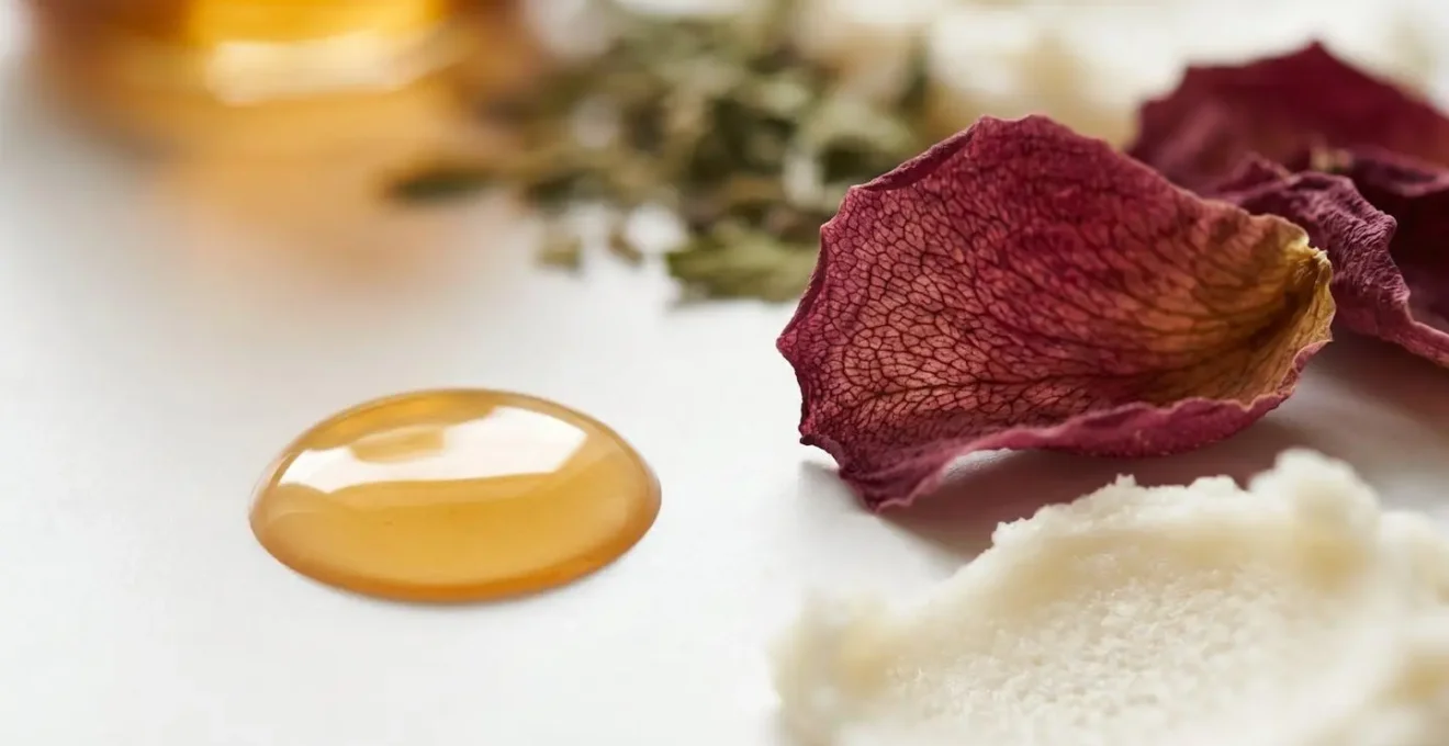 Gros plan macro sur une liste d'ingrédients cosmétiques naturels avec textures végétales