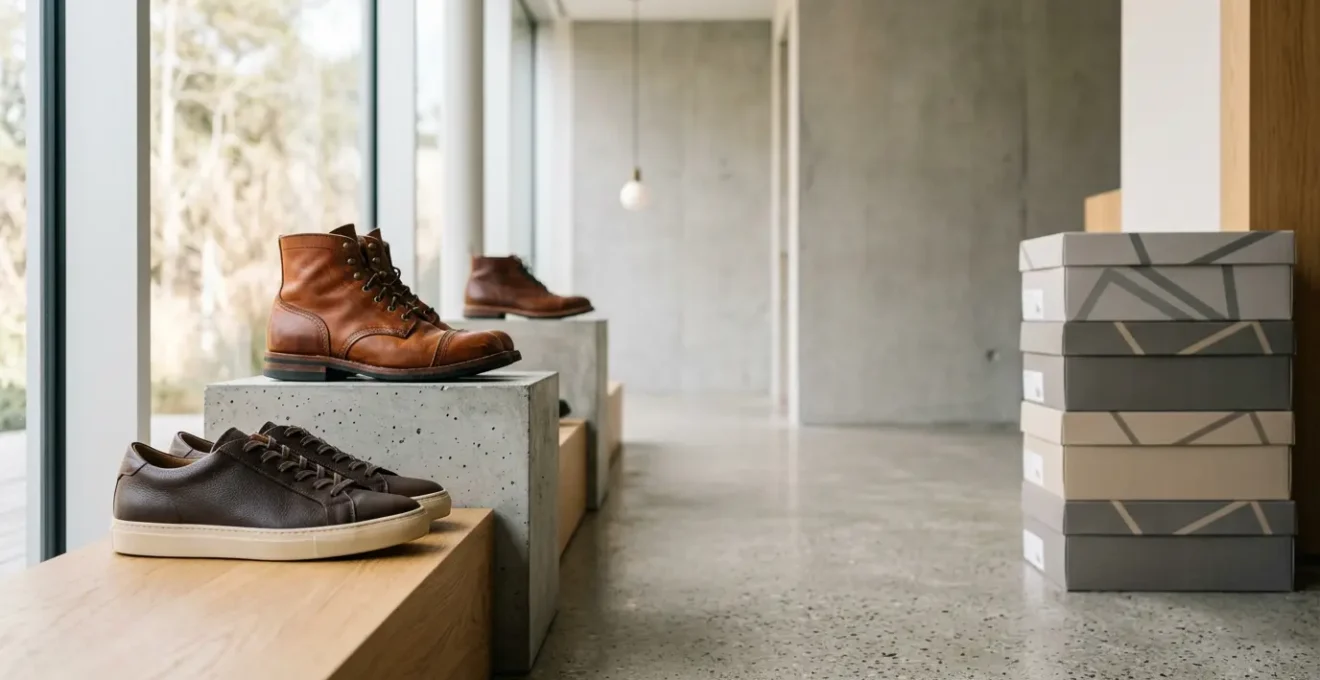 Scène élégante de chaussures de qualité en cuir exposées dans un environnement commercial raffiné