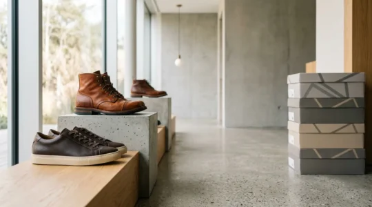 Scène élégante de chaussures de qualité en cuir exposées dans un environnement commercial raffiné