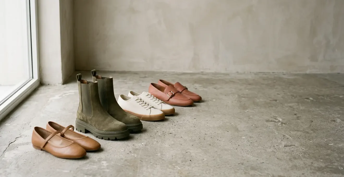 Mise en scène élégante de plusieurs paires de chaussures tendances disposées artistiquement sur un fond neutre avec espace négatif