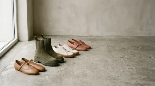 Mise en scène élégante de plusieurs paires de chaussures tendances disposées artistiquement sur un fond neutre avec espace négatif