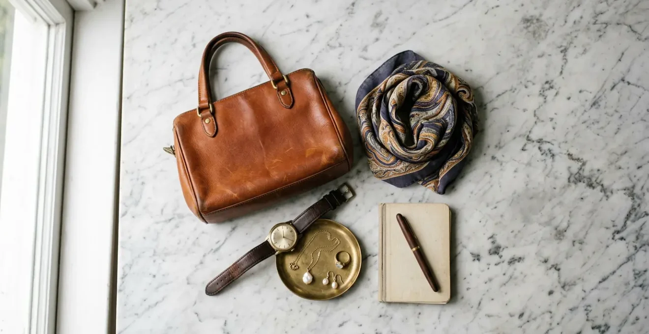 Composition élégante d'accessoires de mode vintage disposés sur une surface minimaliste, évoquant l'intemporalité et la désirabilité des collections passées
