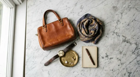 Composition élégante d'accessoires de mode vintage disposés sur une surface minimaliste, évoquant l'intemporalité et la désirabilité des collections passées