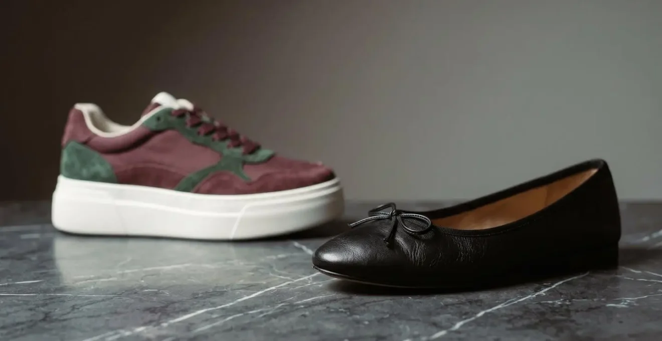 Deux paires de chaussures côte à côte illustrant le contraste entre tendance éphémère et modèle classique intemporel