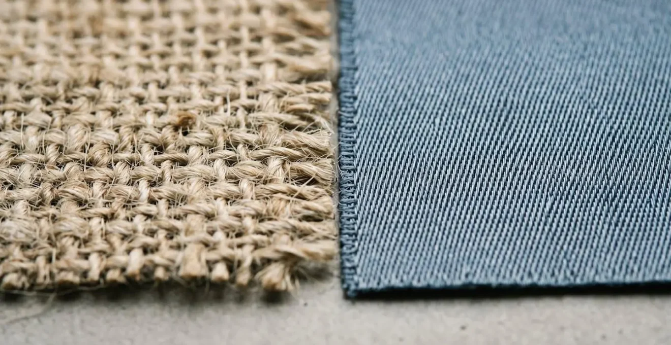 Comparaison visuelle entre fibres naturelles et synthétiques montrant la texture organique du coton et la surface lisse du polyester.