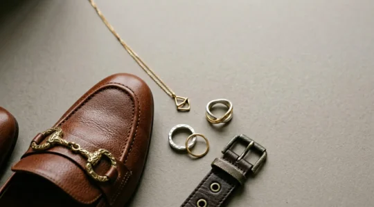 Composition élégante évoquant l'harmonie entre accessoires de mode et bijoux dans un style raffiné