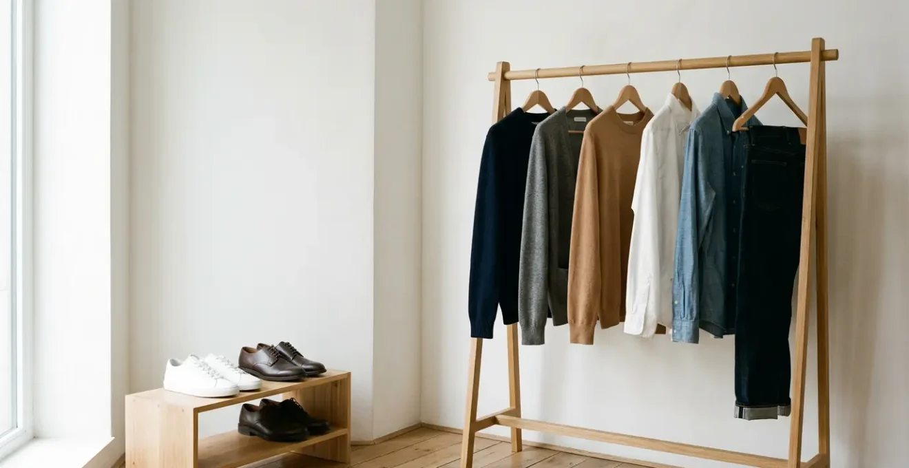 Composition minimaliste d'une garde-robe masculine polyvalente avec pièces essentielles organisées