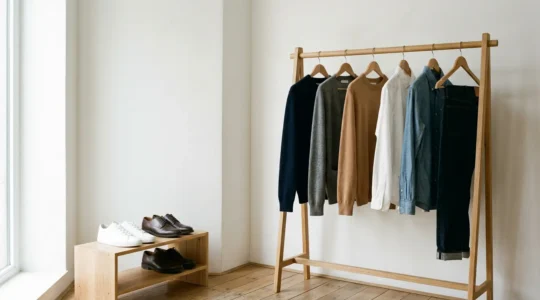 Composition minimaliste d'une garde-robe masculine polyvalente avec pièces essentielles organisées