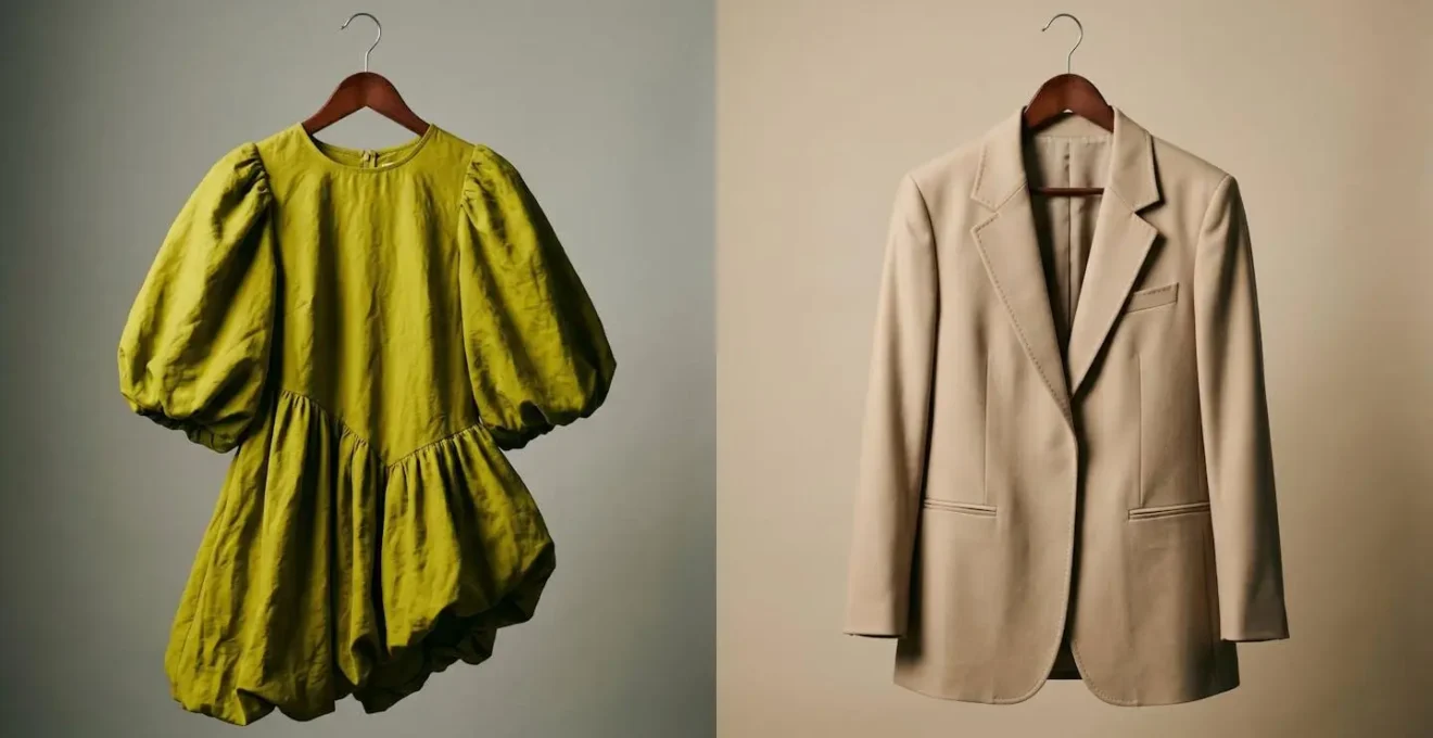 Contraste visuel entre vêtement tendance éphémère et pièce intemporelle classique