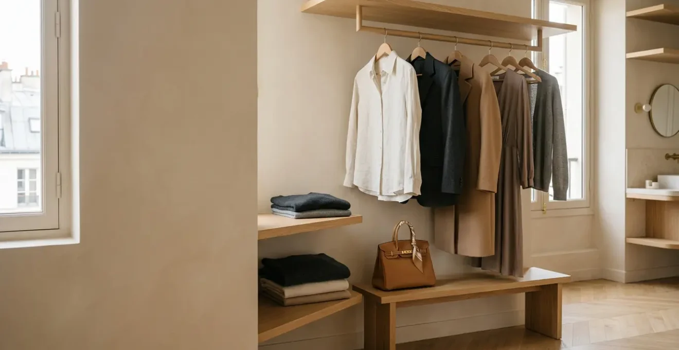 Composition élégante et minimaliste d'une garde-robe parisienne avec vêtements intemporels en tons neutres