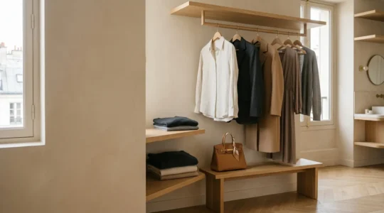 Composition élégante et minimaliste d'une garde-robe parisienne avec vêtements intemporels en tons neutres