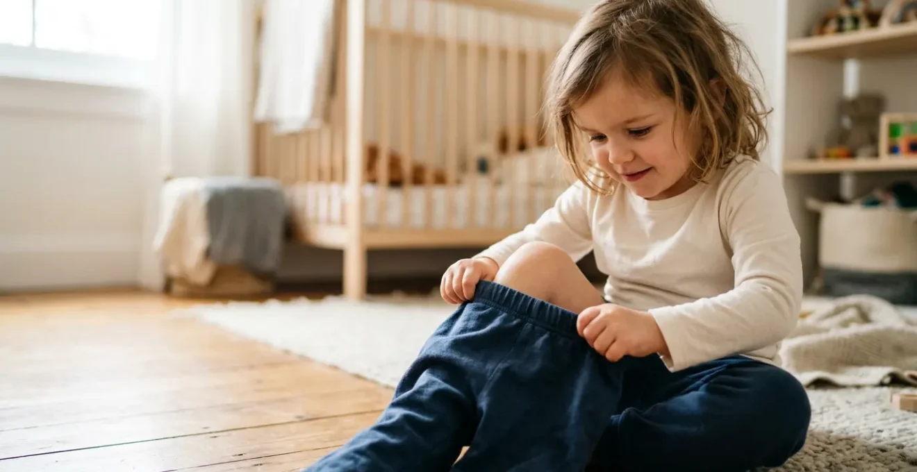 Enfant en pleine action d'habillage autonome développant sa motricité fine