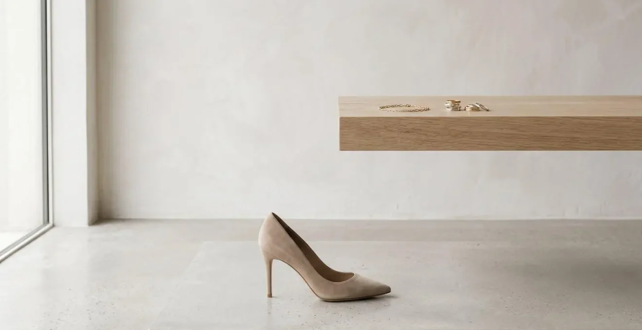 Mise en scène conceptuelle illustrant l'équilibre entre bijoux délicats et chaussures à talons dans une composition minimaliste