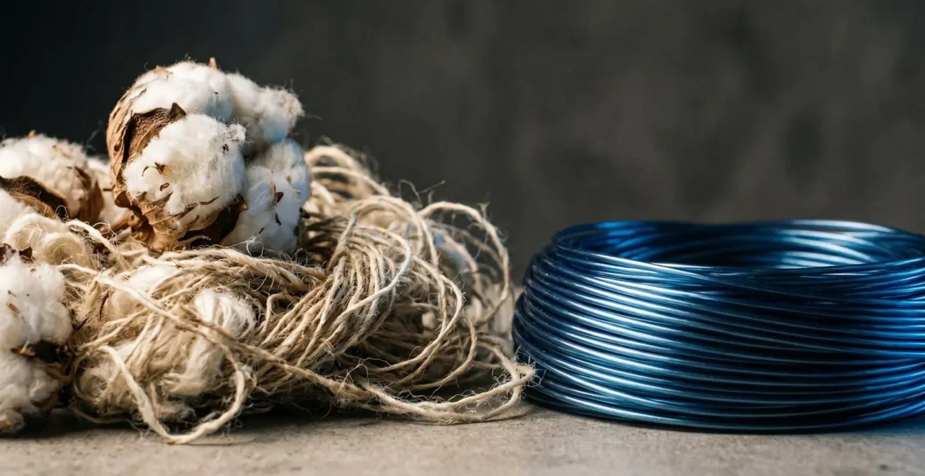 Gros plan sur fibres textiles naturelles et synthétiques, mettant en évidence la différence de texture.