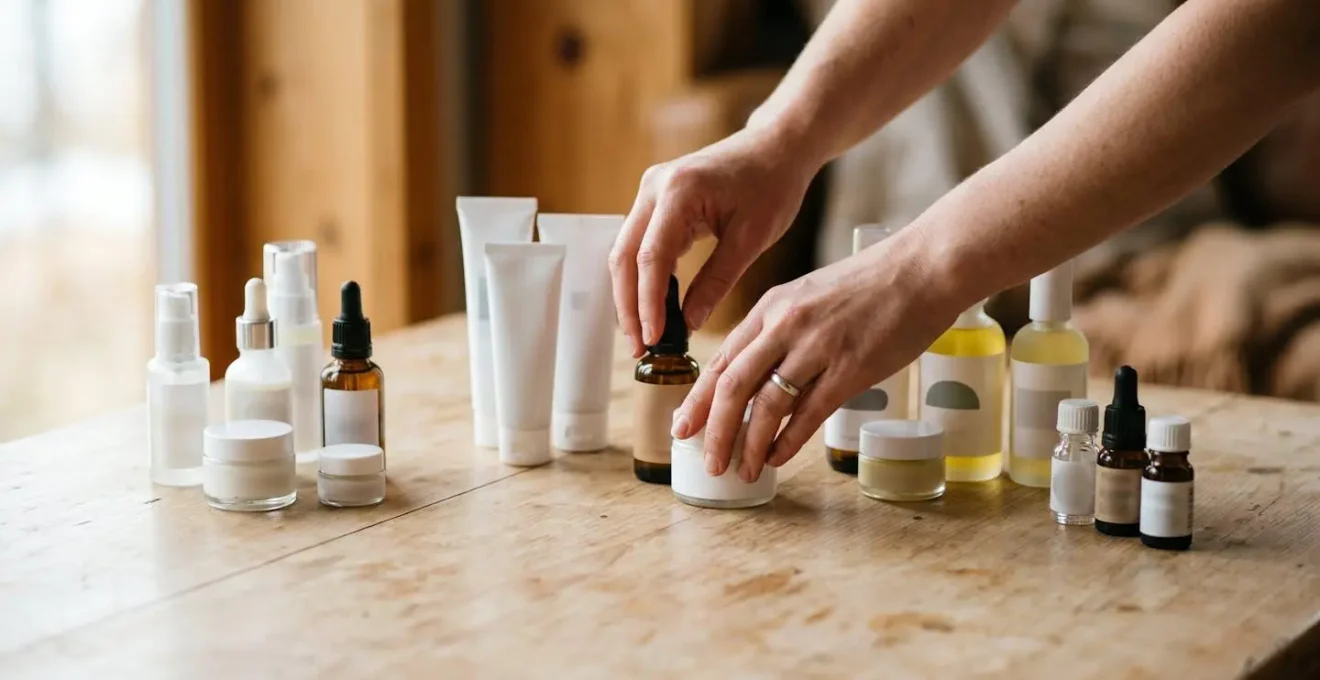 Composition en gros plan montrant des mains humaines organisant des produits cosmétiques par fonction avec des gestes naturels