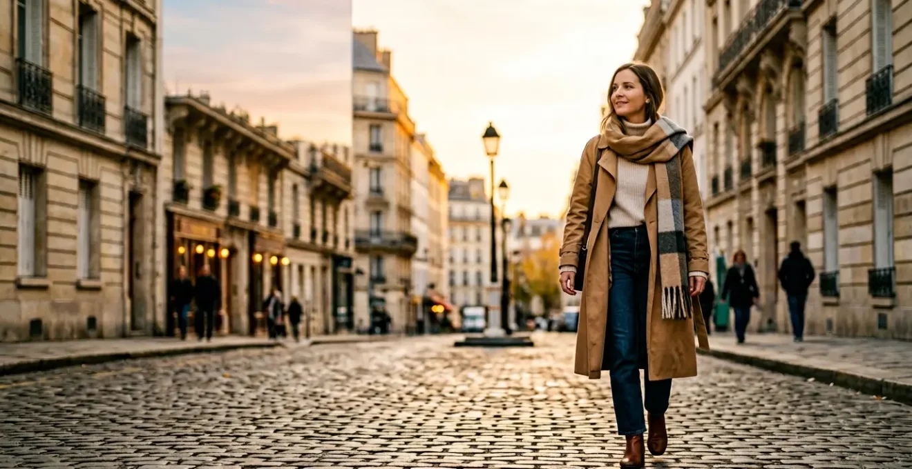 Une femme en tenue automnale superposée adaptée aux variations de température entre matin et après-midi