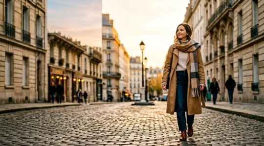 Une femme en tenue automnale superposée adaptée aux variations de température entre matin et après-midi