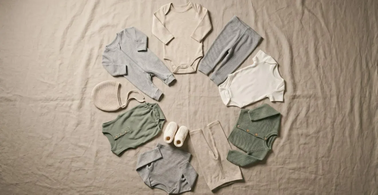 Composition photographique montrant un système de garde-robe capsule pour bébé avec pièces coordonnées et interchangeables