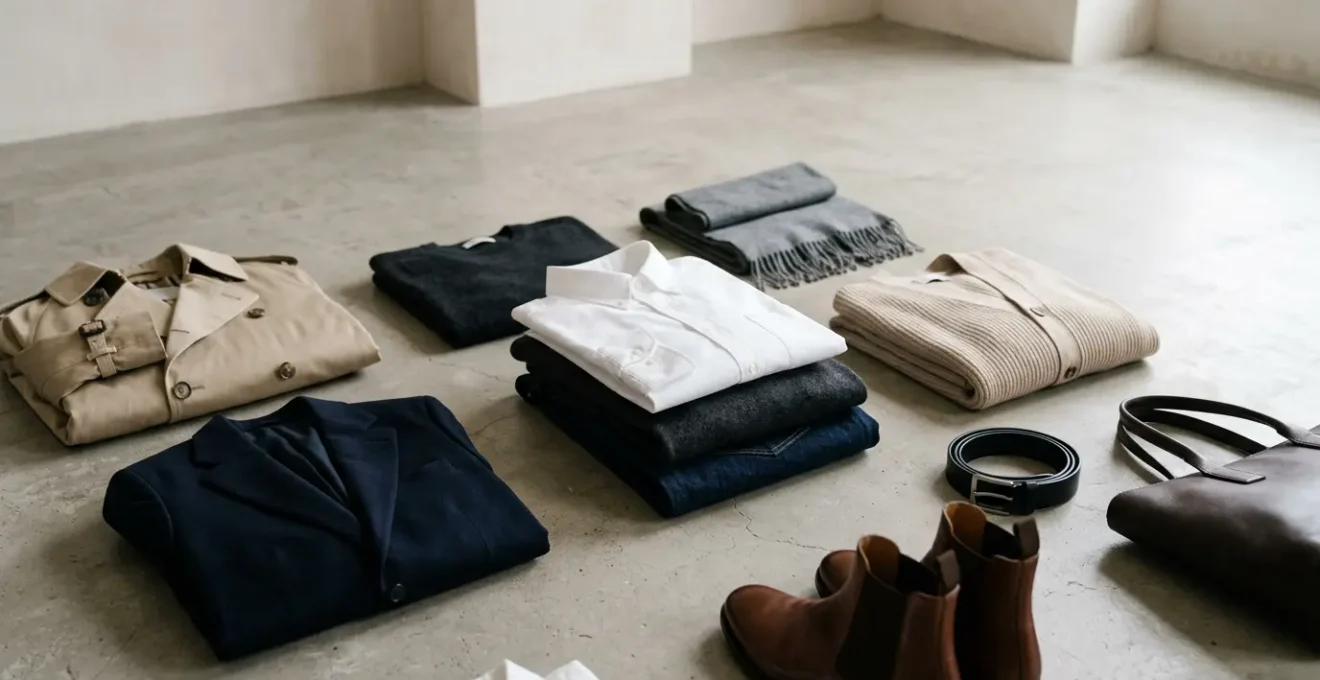 Composition minimaliste et élégante représentant l'essence d'une garde-robe capsule polyvalente à la française