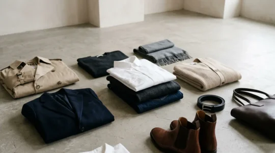 Composition minimaliste et élégante représentant l'essence d'une garde-robe capsule polyvalente à la française