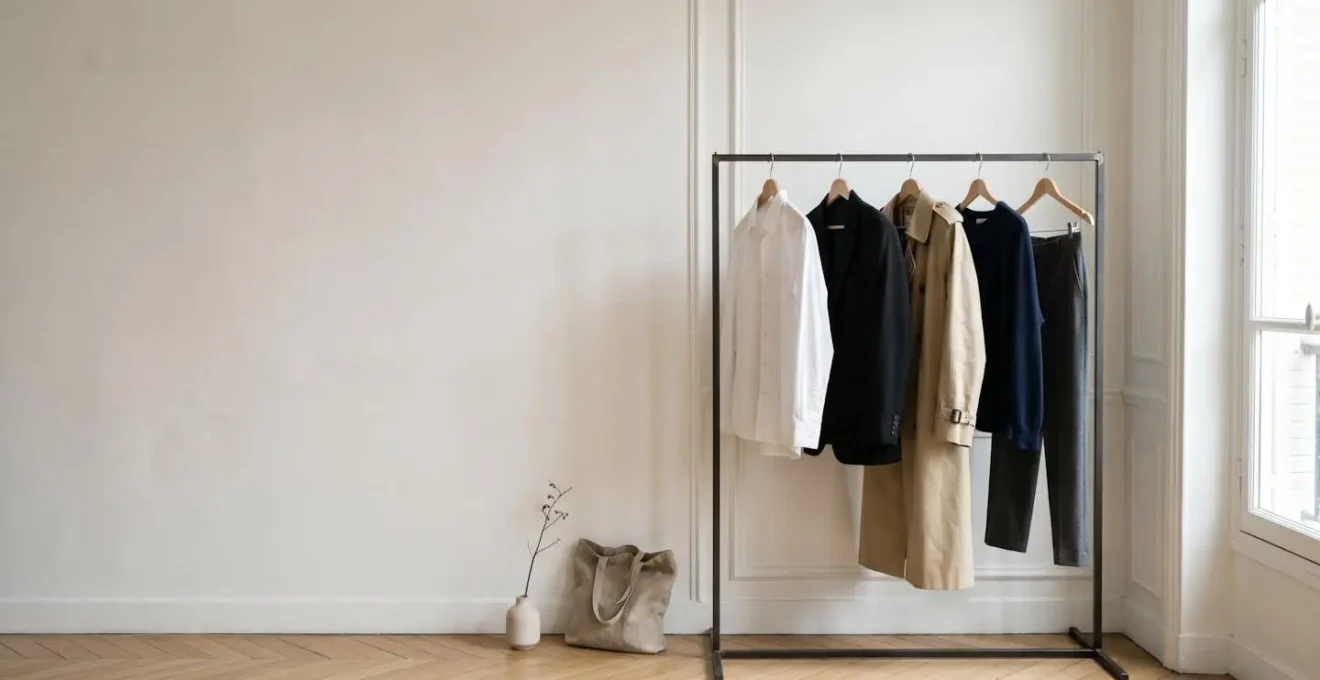 Vue d'ensemble minimaliste d'une garde-robe capsule française avec pièces intemporelles soigneusement sélectionnées sur fond épuré