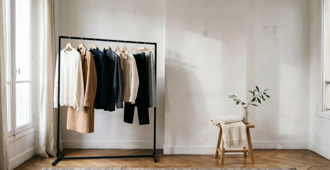 Garde-robe minimaliste avec pièces intemporelles dans un espace épuré et lumineux