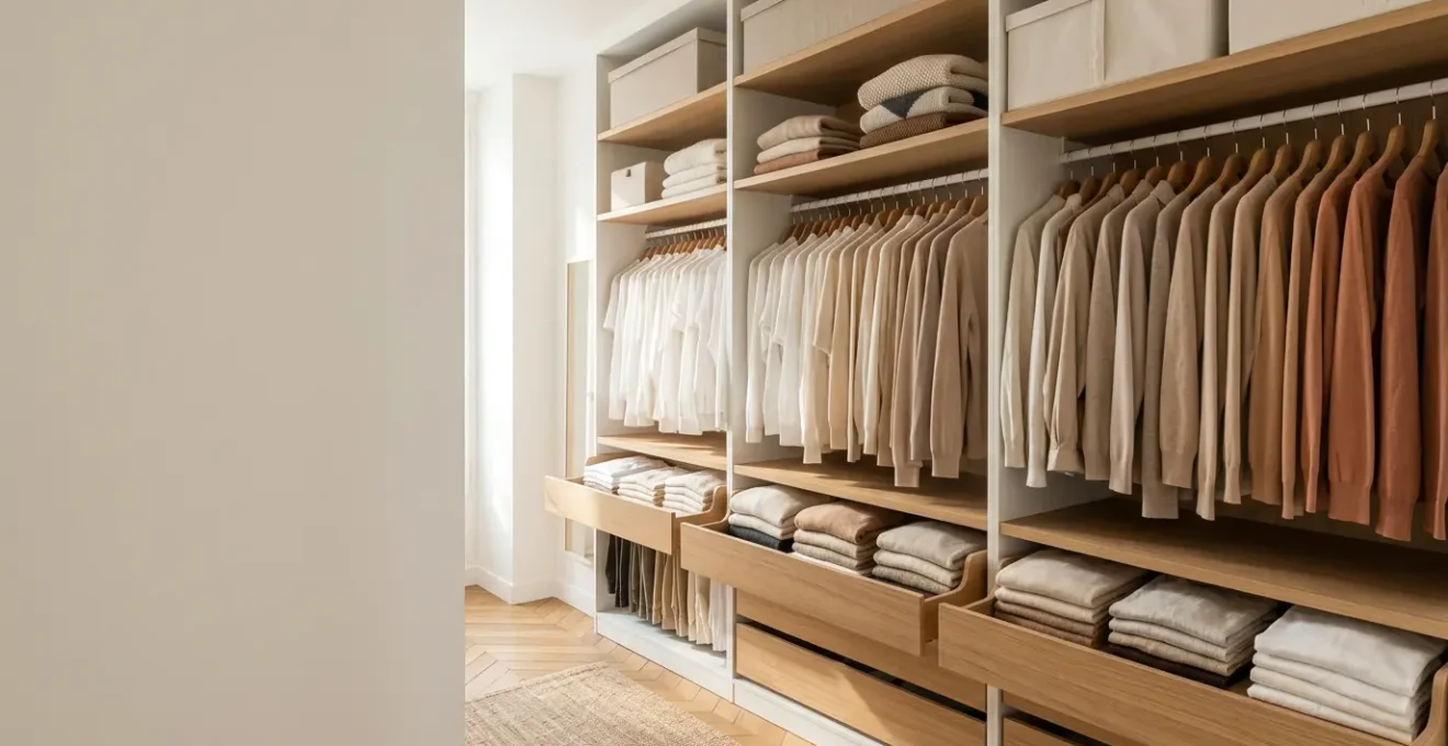 Garde-robe parfaitement organisée avec vêtements rangés de manière accessible