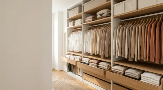 Garde-robe parfaitement organisée avec vêtements rangés de manière accessible
