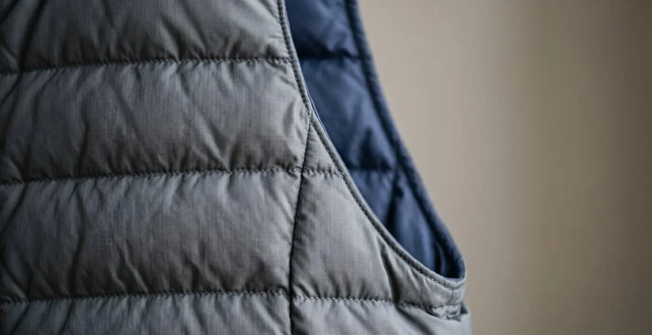 Détail photographique d'un gilet fin servant de couche intermédiaire modulable dans un système de layering