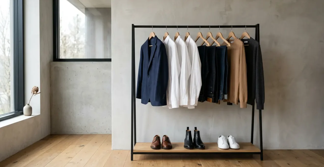 Homme élégant organisant une garde-robe minimaliste avec des pièces de qualité