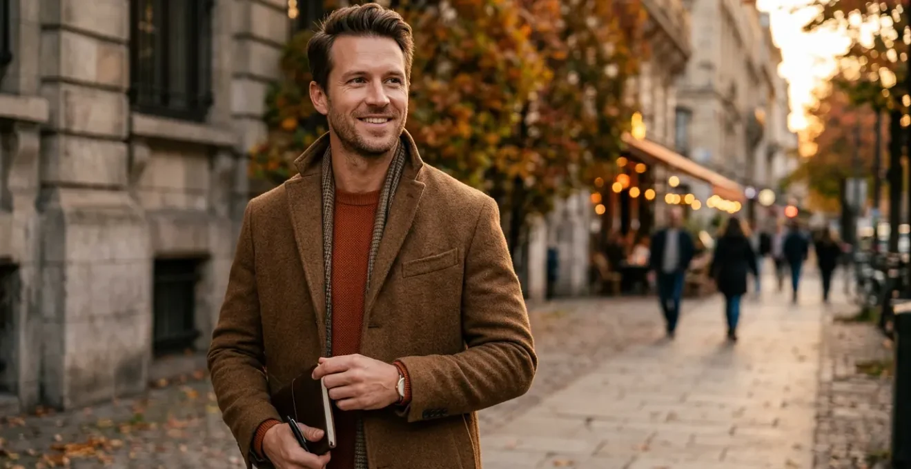 Homme élégant en tenue automnale urbaine présentant différents styles vestimentaires