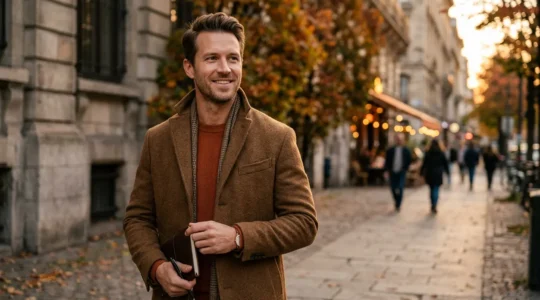 Homme élégant en tenue automnale urbaine présentant différents styles vestimentaires