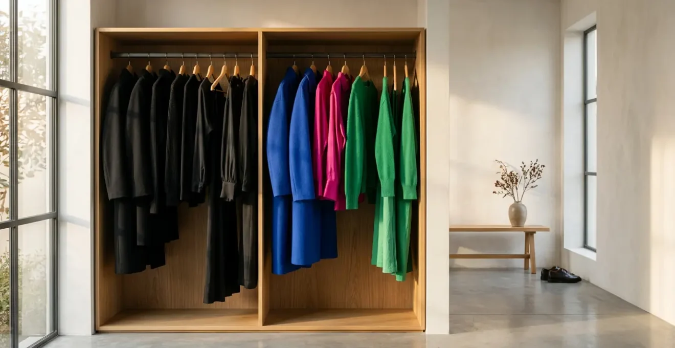 Composition élégante de vêtements colorés émergeant d'une garde-robe sobre, symbolisant la transition progressive du noir vers les couleurs vives