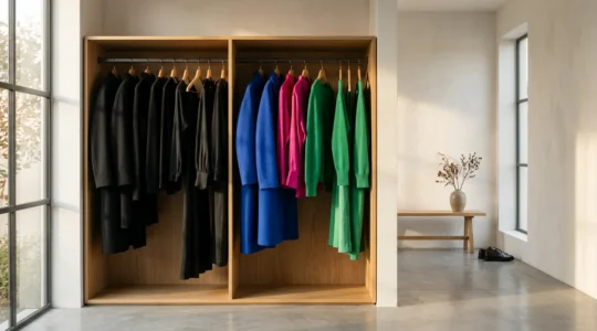 Composition élégante de vêtements colorés émergeant d'une garde-robe sobre, symbolisant la transition progressive du noir vers les couleurs vives