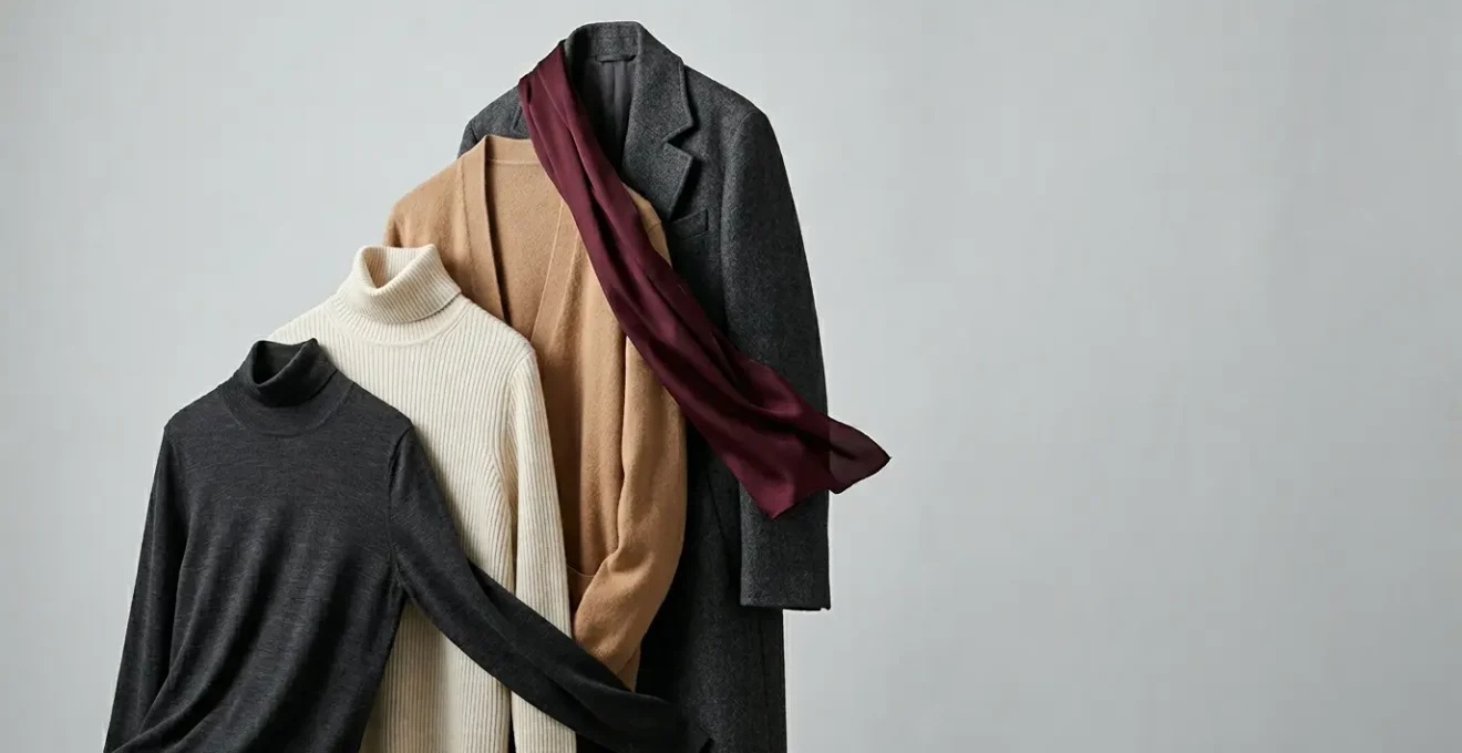 Composition élégante de vêtements d'hiver superposés créant un layering harmonieux et raffiné