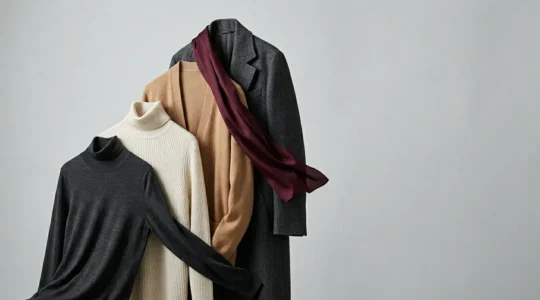 Composition élégante de vêtements d'hiver superposés créant un layering harmonieux et raffiné