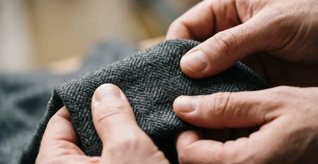 Gros plan sur la texture d'un tissu de qualité examiné entre des mains