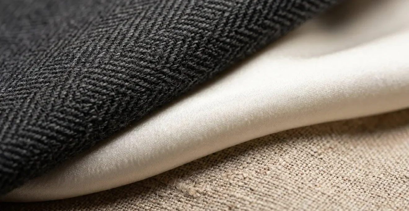 Composition macro de détails de textiles nobles superposés en tons neutres révélant texture et qualité