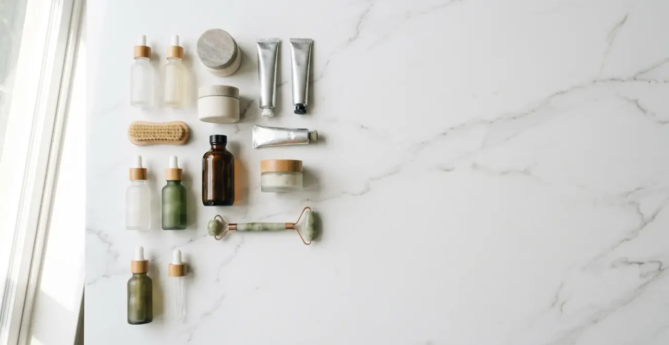Vue aérienne minimaliste d'une collection épurée de produits de beauté essentiels disposés sur une surface claire avec espaces négatifs