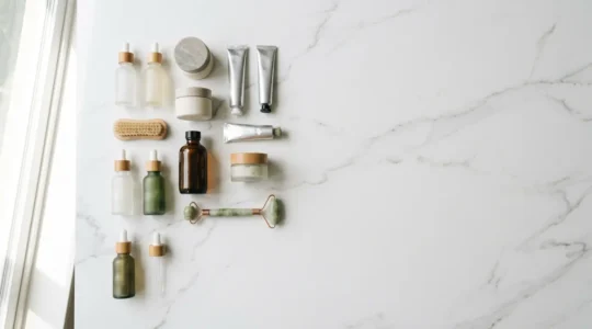 Vue aérienne minimaliste d'une collection épurée de produits de beauté essentiels disposés sur une surface claire avec espaces négatifs