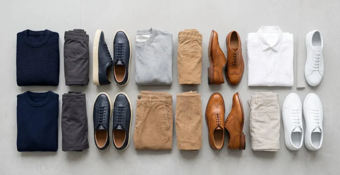 Ensemble de vêtements masculins organisés par palette de couleurs neutres et coordonnées