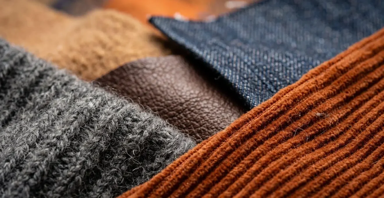 Composition rapprochée de différentes matières et textures automnales (velours, denim, laine, cuir)
