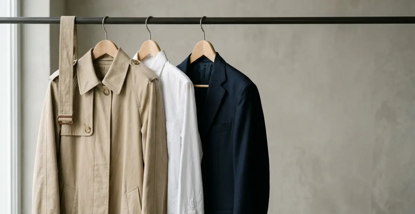 Sélection de vêtements intemporrels suspendus sur cintre avec détails de couture visibles