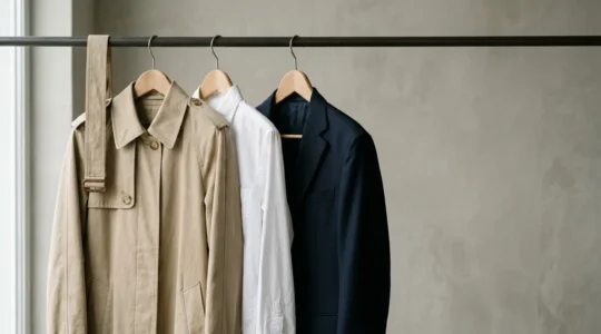 Sélection de vêtements intemporrels suspendus sur cintre avec détails de couture visibles