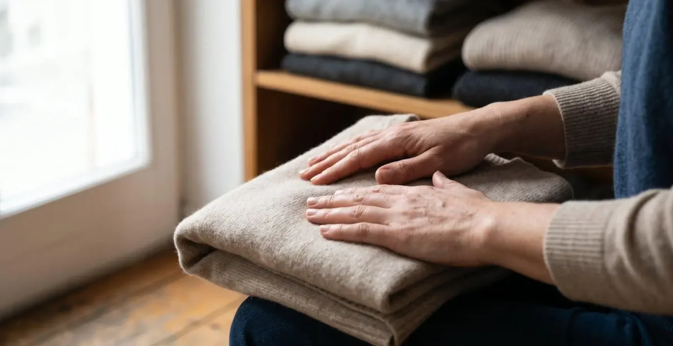 Pulls en cachemire soigneusement pliés en rectangles sur étagère avec séparateurs en tissu