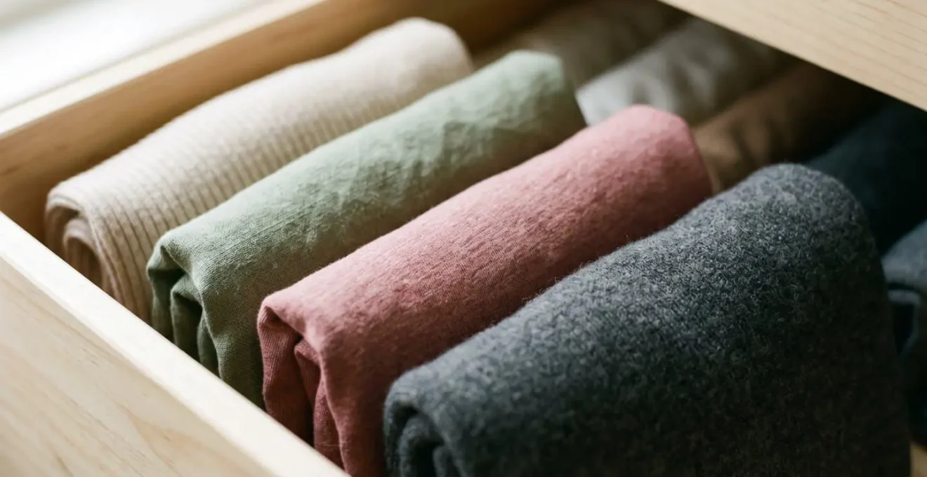 Vue en plongée d'un tiroir organisé avec vêtements pliés à la verticale selon la méthode Marie Kondo